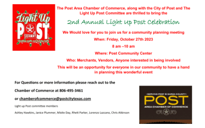 LIGHT UP POST COMMUNITY MEETING OCTOBER 27, 2023 – 8-10 A.M. COMMUNITY CENTER