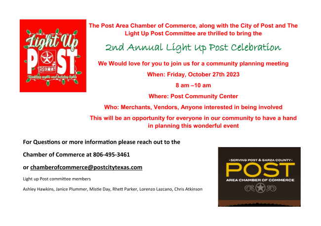 LIGHT UP POST COMMUNITY MEETING OCTOBER 27, 2023 – 8-10 A.M. COMMUNITY CENTER