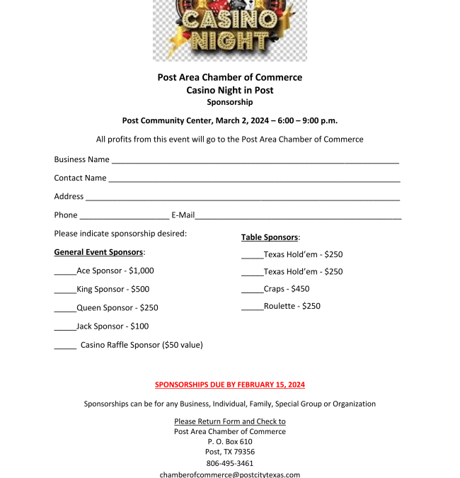 CASINO NIGHT IN POST SPONSORSHIPS STILL AVAILABLE